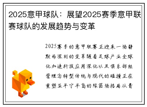 2025意甲球队：展望2025赛季意甲联赛球队的发展趋势与变革