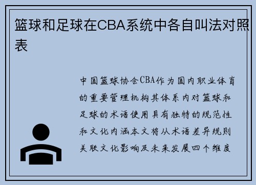 篮球和足球在CBA系统中各自叫法对照表