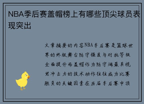 NBA季后赛盖帽榜上有哪些顶尖球员表现突出
